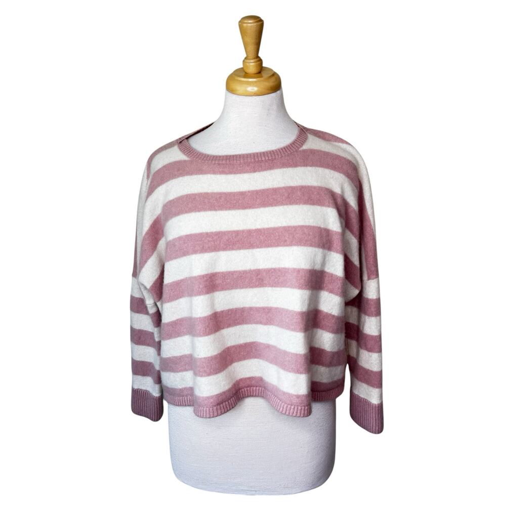 MINNIE ROSE 100% Cashmere Boxy Cropped Pink Cream Striped Sweater Size M/L